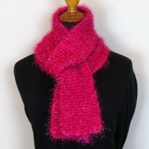 Hand Knit Vibrant & Shiny Hot Pink Pink Scarf